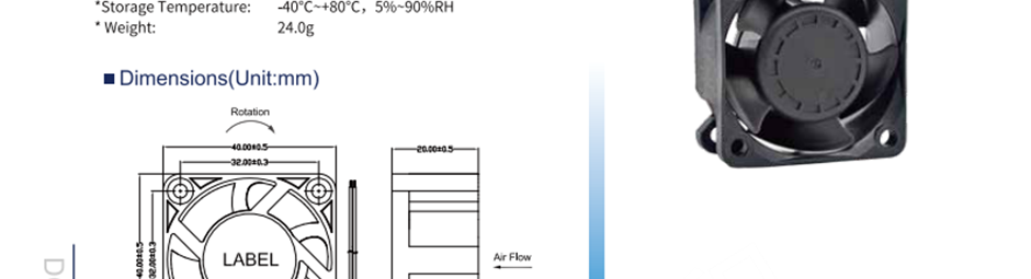 航达辉 HD4020M24B 风扇风机 直流风扇 两线接头、三线FG信号线、三线RD报警线、四线PWM可调速 框架：塑料（黑色）94v-0 叶轮：塑料（黑色）94v-0 铅导线：UL型或同等型号，AWG#28，红色+，黑色- 操作温度：-25℃~+70℃，相对温度5%~90% 存储温度：-40℃~+80℃，相对温度5%~90%